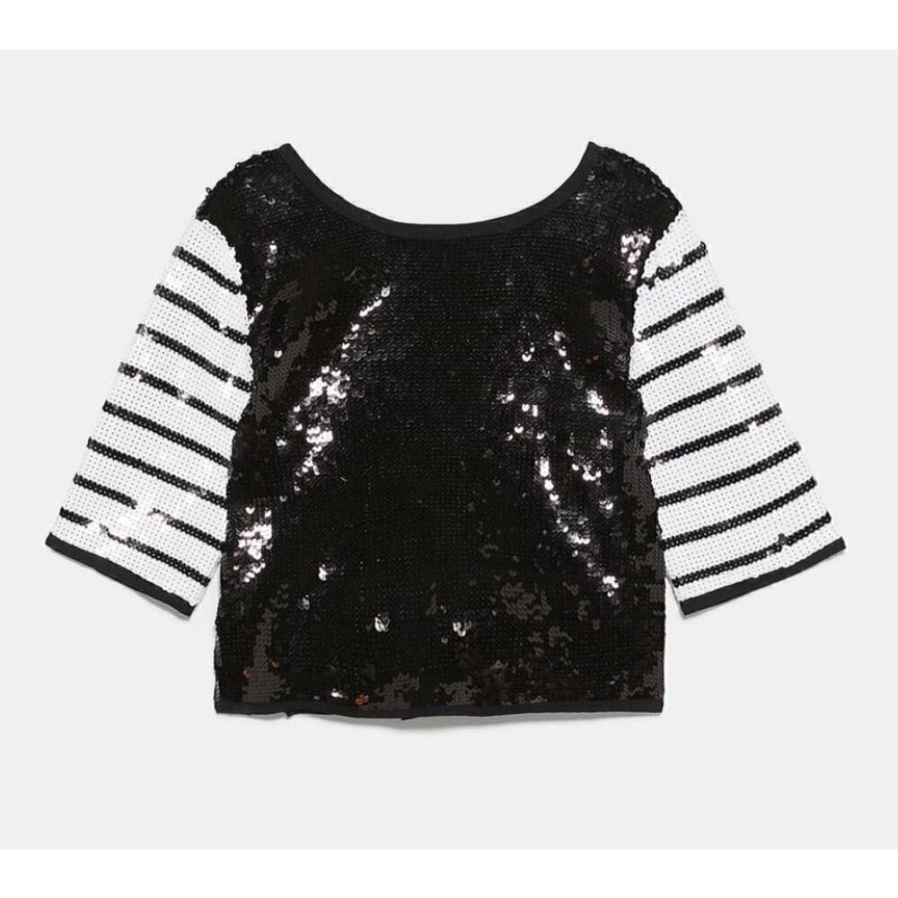 Zara  sequin‎ tie back closure in black and white  blouse